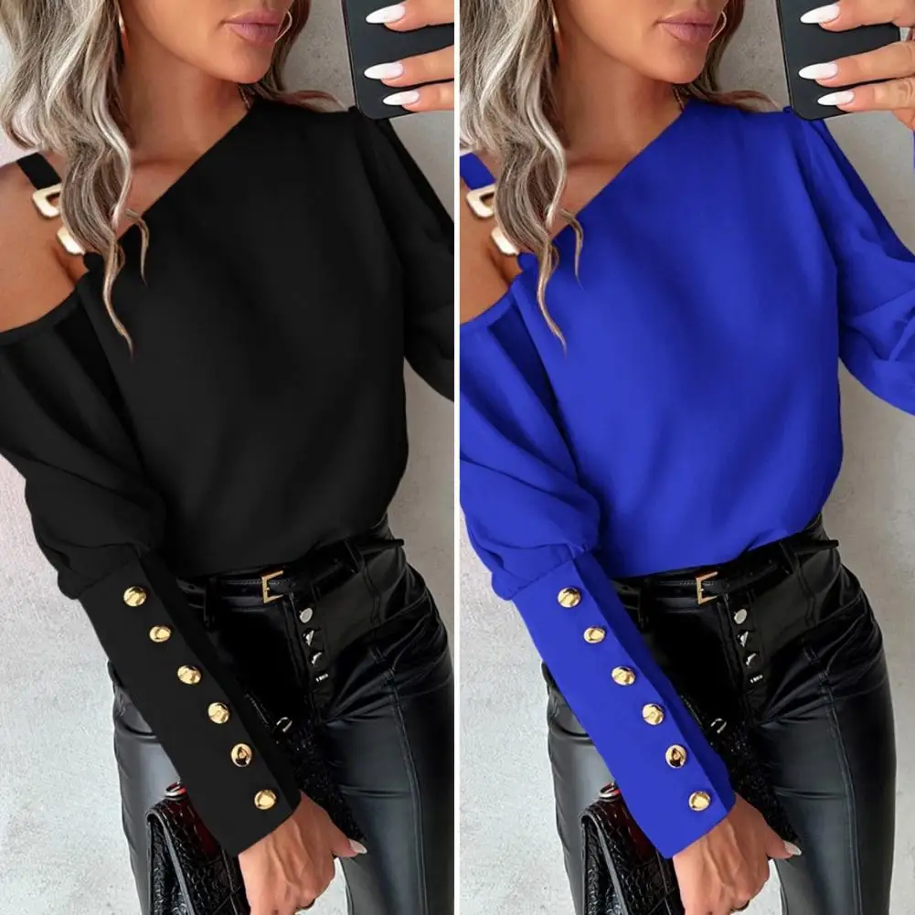 

Women Commuter Style Shirt Chic One Shoulder Chain Decor Women's Blouse Long Sleeve Solid Color Pullover with Button for Fall