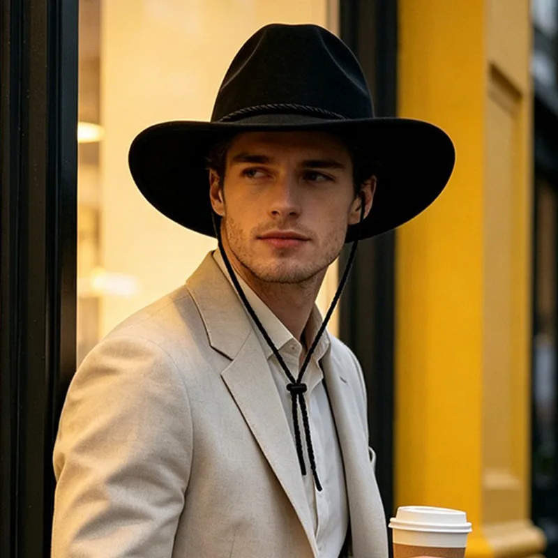 Autumn and winter vintage solid color woolen wide-brimmed western cowboy hat for men, British street fashion felt versatile fedo