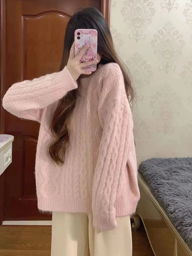 เสื้อสเวตเตอร์ถักไหมพรมสีชมพูอ่อนสำหรับผู้หญิง เสื้อคลุมฤดูใบไม้ร่วงฤดูหนาว สไตล์เกาหลีใหม่ ดีไซน์เก๋ไก๋ สวมใส่สบาย คุณภาพสูง