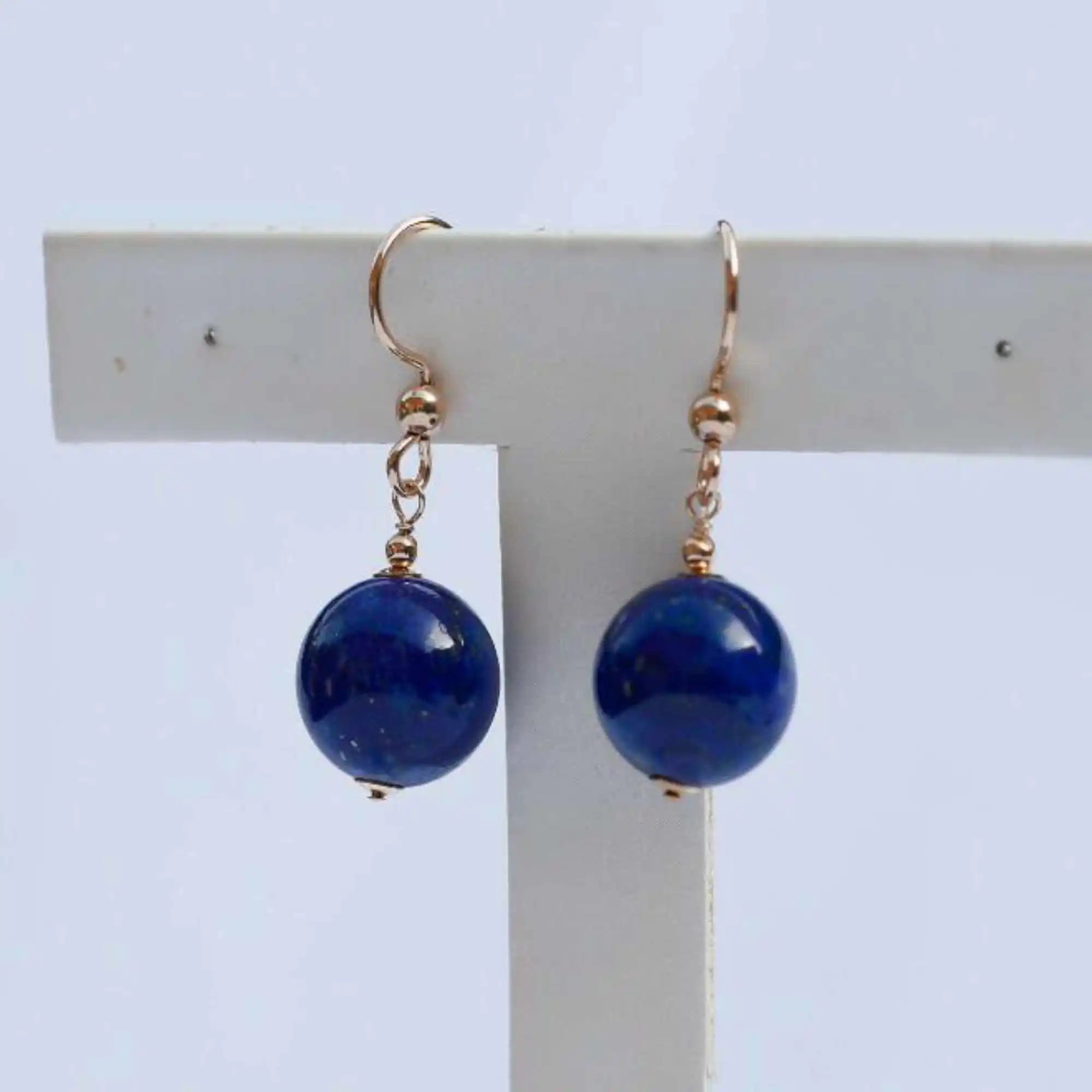 Karma natural dark blue lapis lazuli round 14k gold earrings Classic Jewelry VALENTINE'S DAY Aquaculture