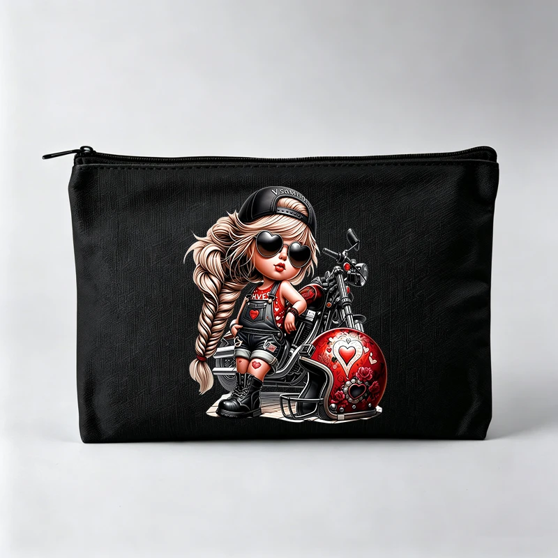 Women's Motorcycle Graphic Makeup Bag with Heart Design, Casual Cosmetic Pouch for Daily Use