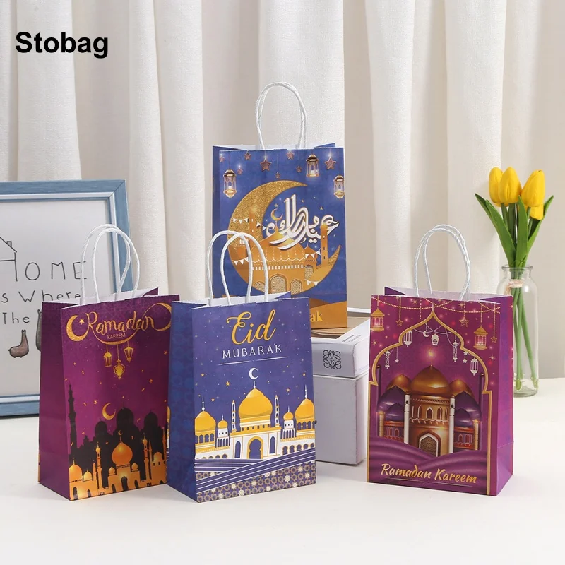 

StoBag 24pcs Ramadan Eid Mubarak Kraft paper Gift Tote Bags Packaging Kids Children for Candy Snack Storage Pouch Party Favors