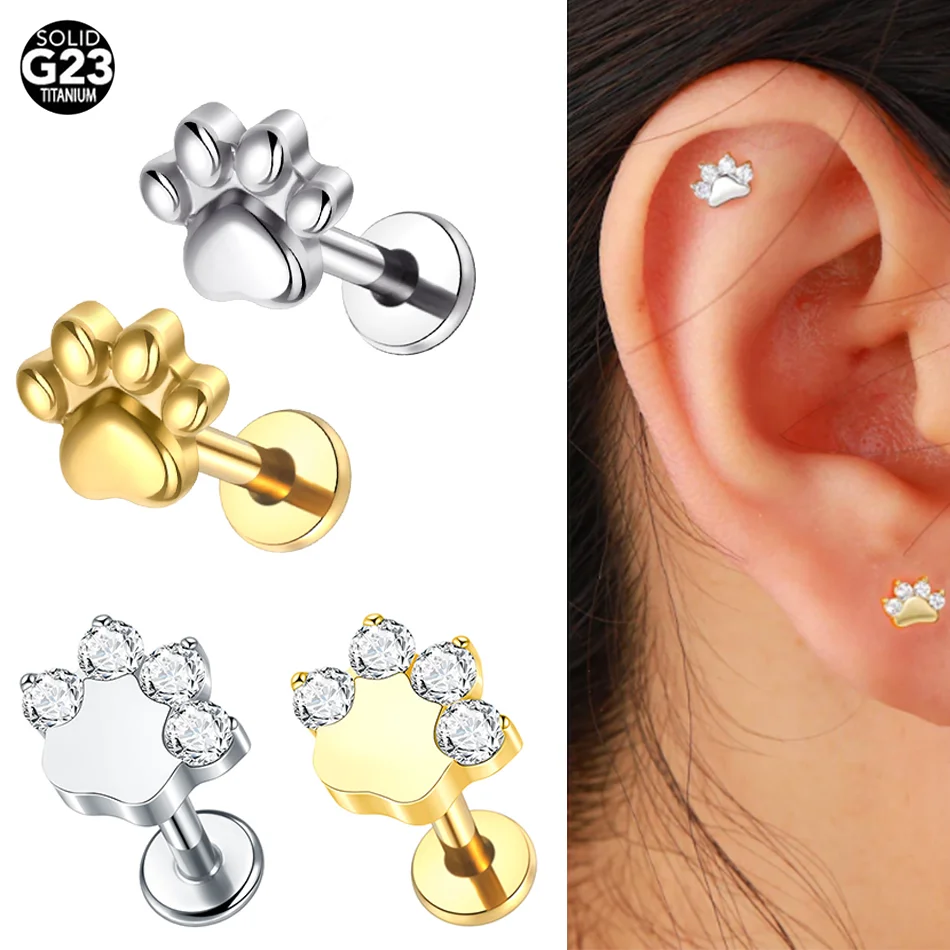 1pc Titanium Cat Claw Cartilage Stud Earring 16G Flatbase Internally Threaded Lobe Conch Helix Piercing Earring Body Jewelry
