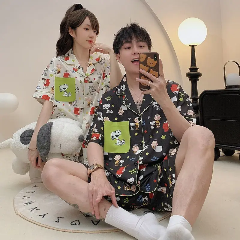 Couple pajamas summer ice silk short-sleeved thin section cute men and women shorts short-sleeved summer home wear suit