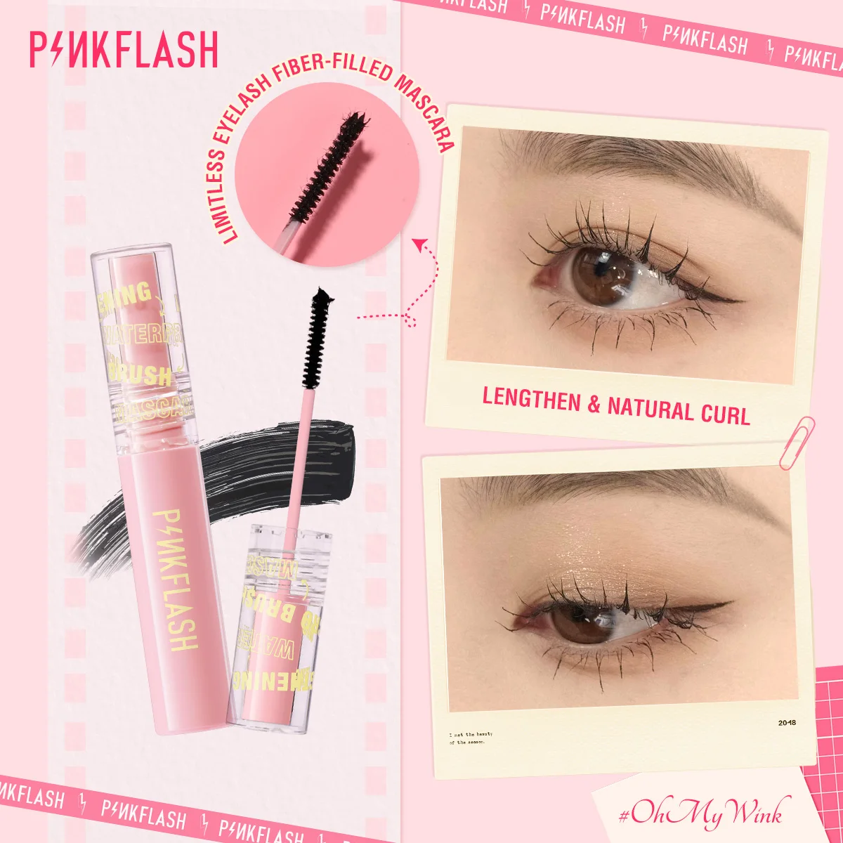 PINKFLASH 3D Silk Fiber Black Mascara Waterproof Smudge-proof Curling Lengthening Eyelashes Extension Eyebrow Makeup Cosmetics