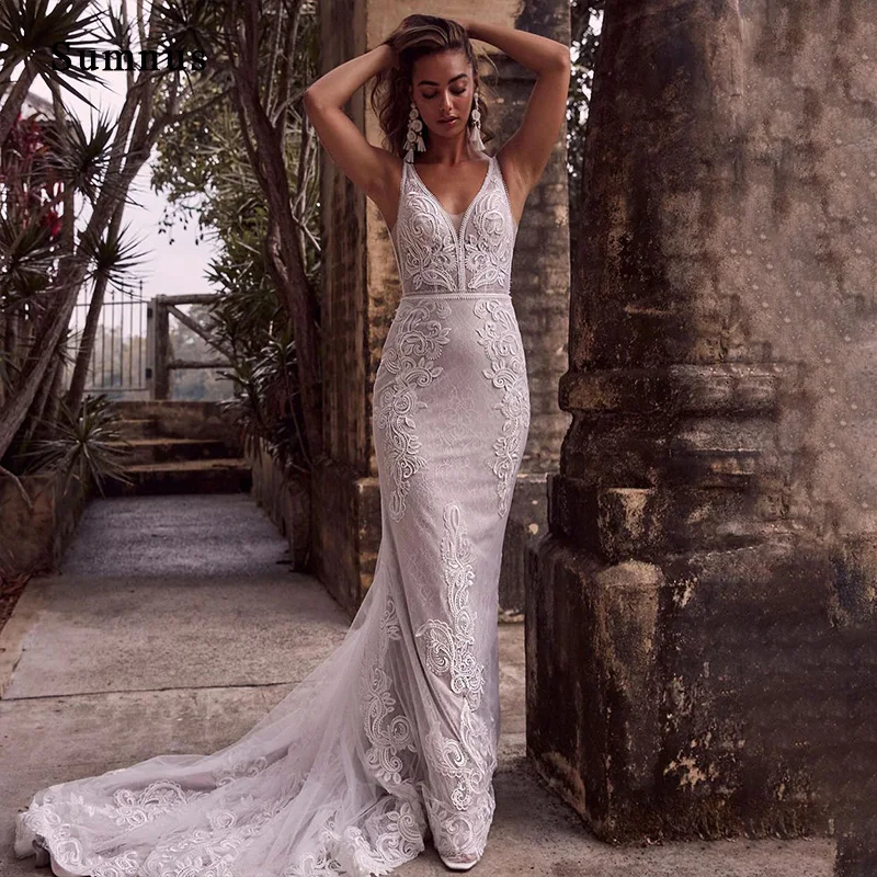 Boho laço apliques vestido de casamento com decote em v sem mangas voltar zíper vintage trem vestido de noiva vestidos de novia gelinlik