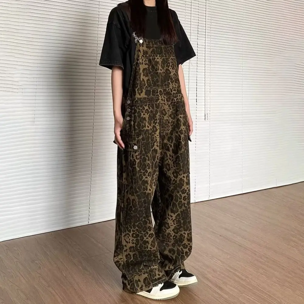 

Fashion Baggy Leopard Print Overalls Wide Leg Straight Leg Rompers Women Y2k Ins Style High Waist Leopard Print Pants Girls