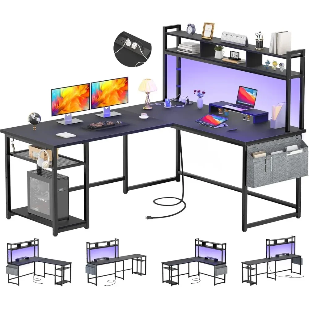 

L Shaped Desk with Power Outlet & LED Strip, Reversible L-Shaped Corner Computer Desks Gaming Desk