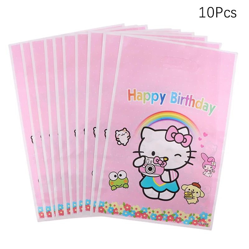 10Pcs Sanrio Hello Kitty Birthday Party Decoration Plastic Gift Bags Candy Box KT Cat Pearl Film Gift PE Bag Girl Party Supplies