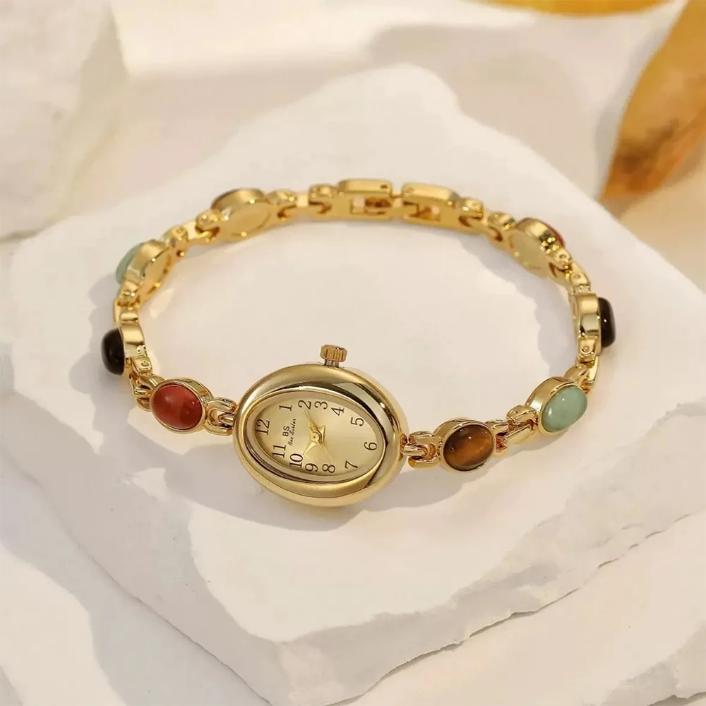 Bee Sister Bracciale in pietra naturale occhio di tigre Orologio da donna Orologio da donna al quarzo ovale Orologi da polso da donna vintage di alta qualità