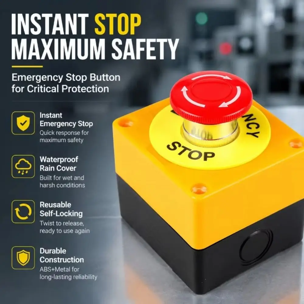 Red Sign Push Button Switch Waterproof Plastic Emergency Stop Button Switch Box Mushroom Cap Lockable Emergency Stop Button