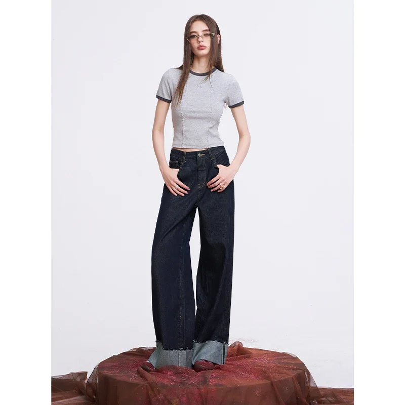 ELFSACK  Light Blue Wide Leg Jeans with Wide Cuffed Hem, Baggy Straight Denim Pants for Daily, Chic High Waist Trousers