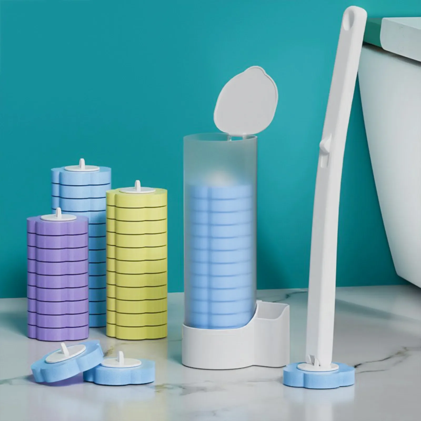 Disposable Toilet Brush Set Wall Mount Long Handle Bathroom WC Cleaning Tool Kit with Replaceable Disposable Brush Heads