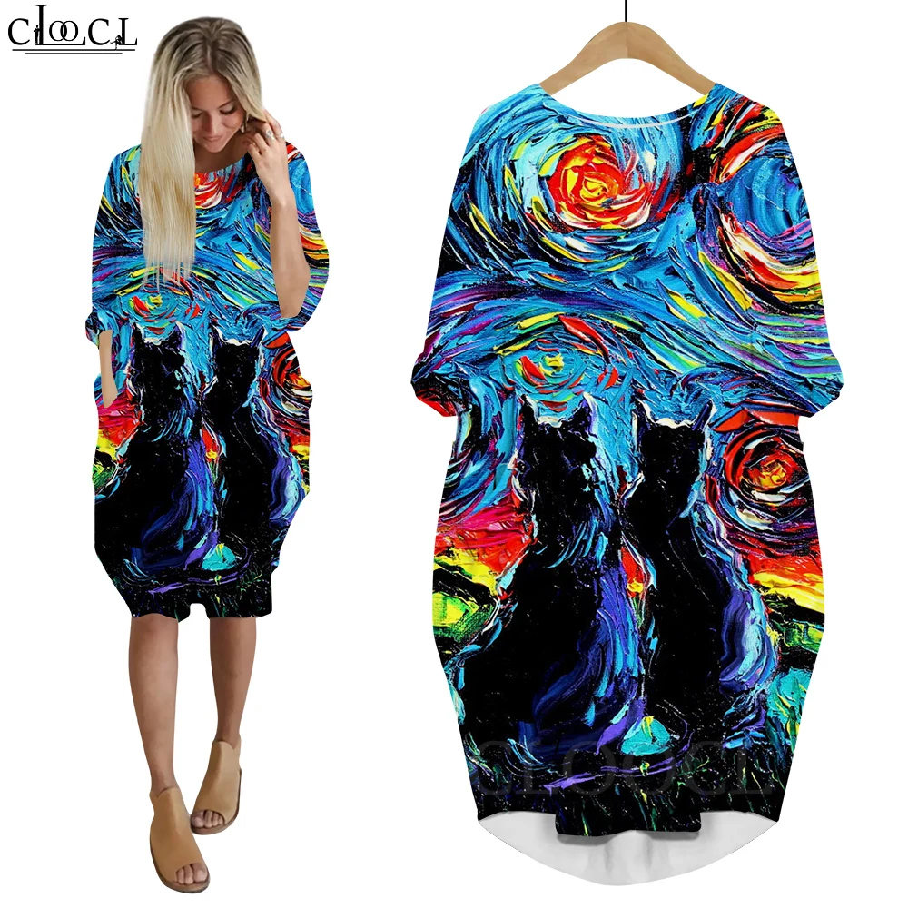 CLOOCL Van Gogh Dress Shiba Inu Look Up At The Starry Sky Art Painting 3D Printing Dress Long Sleeve Mid Dress Clothes for Women