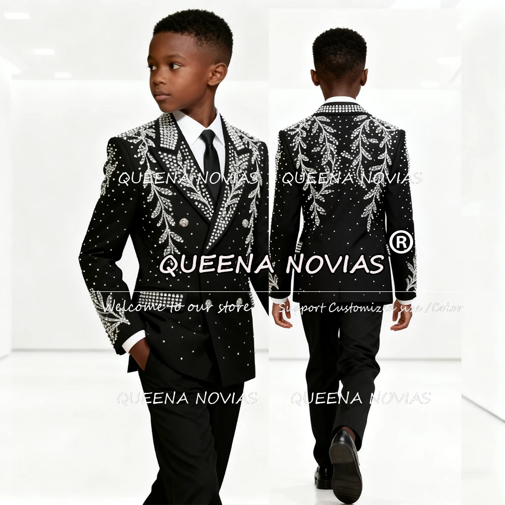 高級ビーズストーン付き男の子用スーツ 結婚式用 シングルブレストプロムブレザー カスタムメイド 2ピース キッズフォーマルパーティー ウェディングタキシード