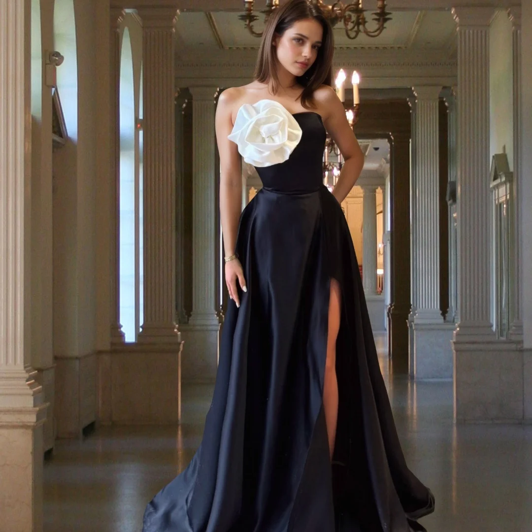 Customized  High Quality Satin A-Line Flowers Evening Dresses Strapless Sleeveless Panel Train Homecoming Dress Tempera