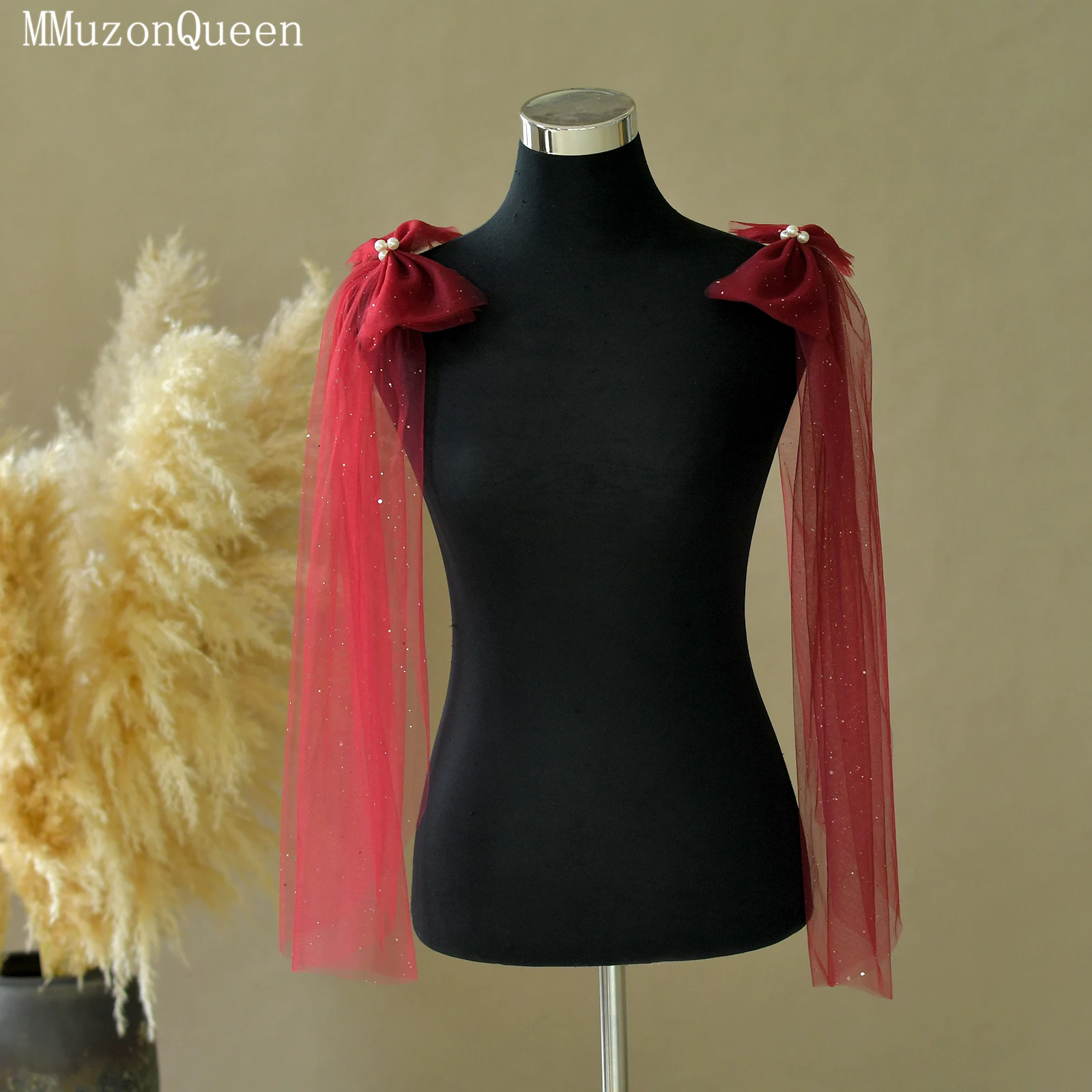 TOPQUEEN Custom Removable Sleeves for Bridal Wedding Dress Nylon Fabric Soft Yarn Pearl Bow Bachelor Party Veil Shawl VG34