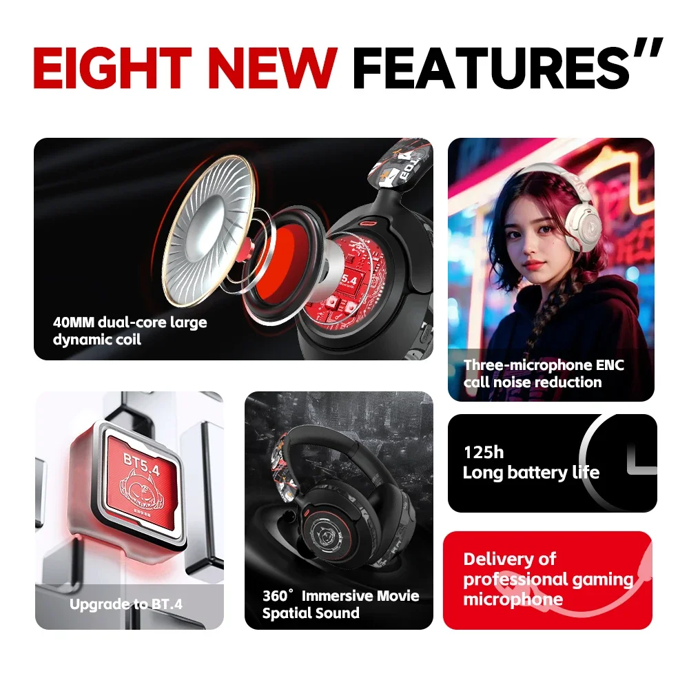 

Наушники с активным шумоподавлением, беспроводные накладные наушники Bluetooth, гарнитура с глубокими басами, низкая задержка, амбушюры из пены с эффектом памяти, время воспроизведения 125 часов