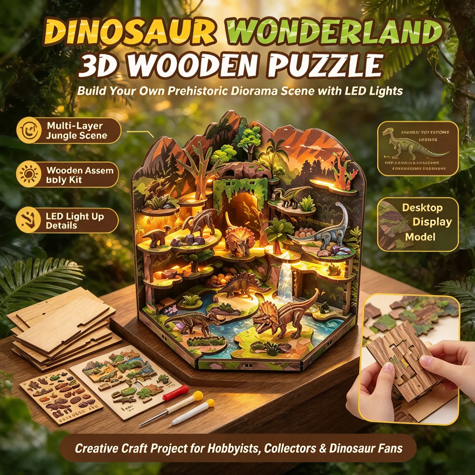 3D Wooden jigsaw Puzzle Dinosaur Wonderland DIY Diorama Kit Toy with LED Lights Miniature Scene Building Birthday Gifts for Boy
