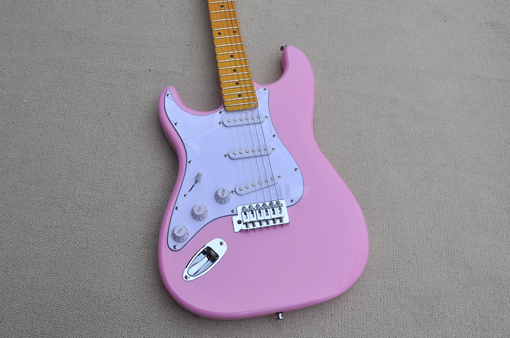 6 Strings Pink Left Hand Electric Guitar with SSS Pickups,yellow Maple Fretboard,Can be Customized