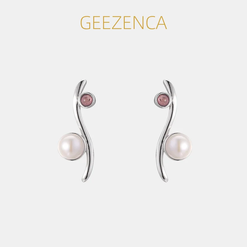 

GEEZENCA 925 Sterling Silver Pearl Tourmaline Curve Stud Earrings Women Simple Trendy Lightweight Stackable Small Earring Gift