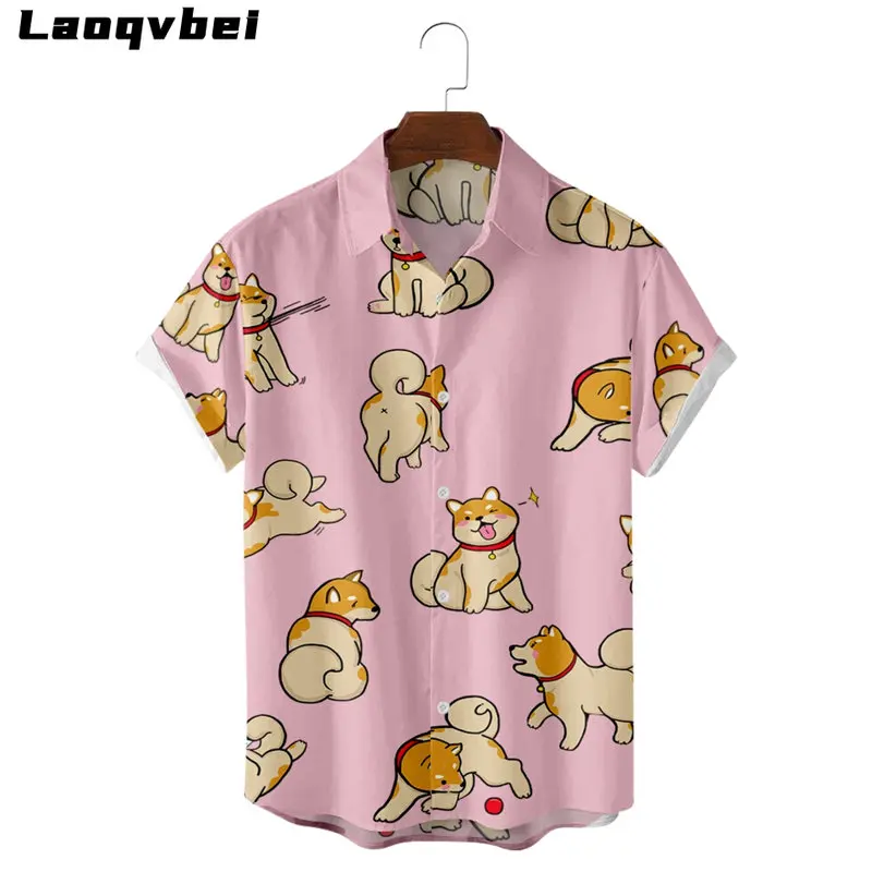 Oversized Beach Hawaiian Shirt 2023 Zomer Shiba Inu Hond Print Losse Korte Mouwen Shirt Mannen Roze Top