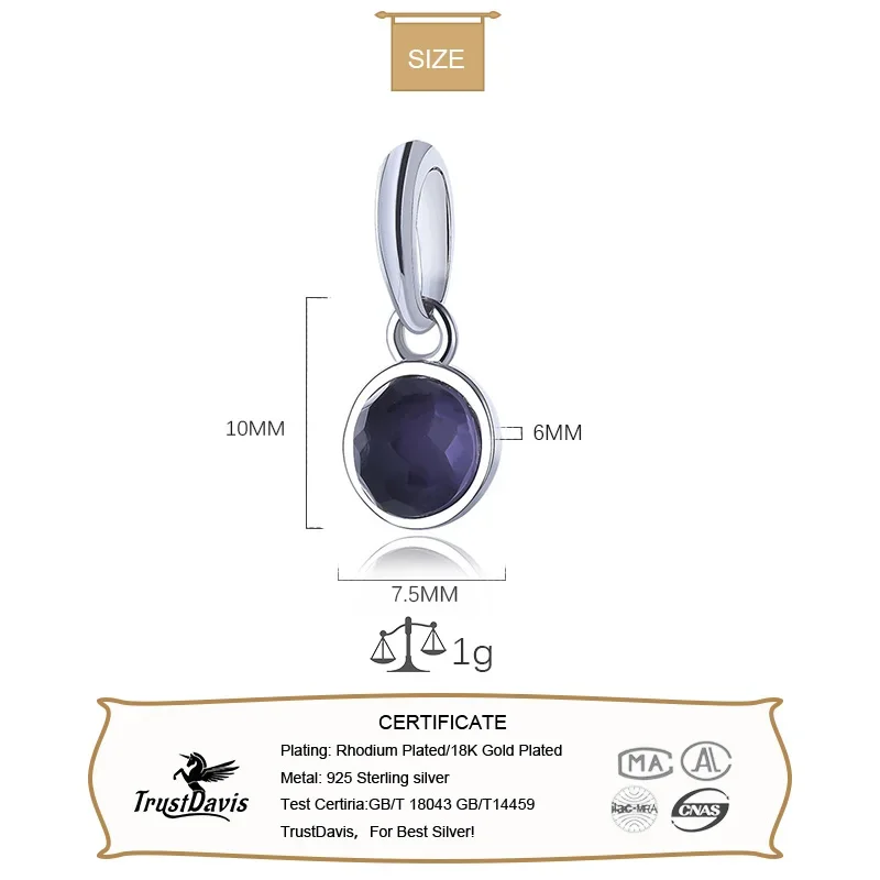 TrustDavis Real 925 Sterling Silver 2022 Round Colour CZ Pendant Handmade DIY Necklace Bracelet Accessories Fine Jewelry HY875