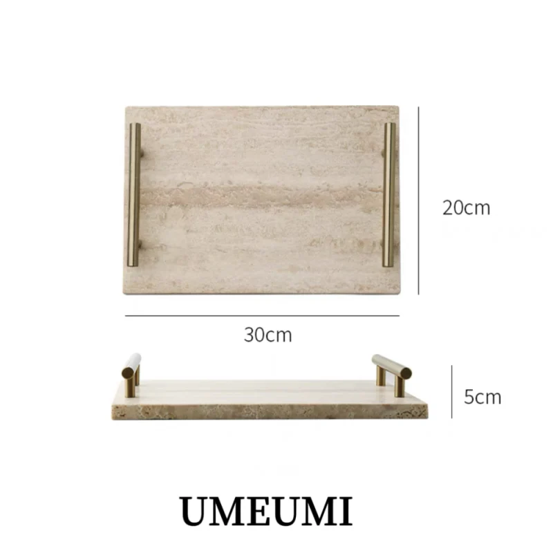 Light Luxury Contemporary Natural Cave Stone Tray Golden Handle Marble Saucer Bathroom Storage Perfume Tray Aromatherapy Decor