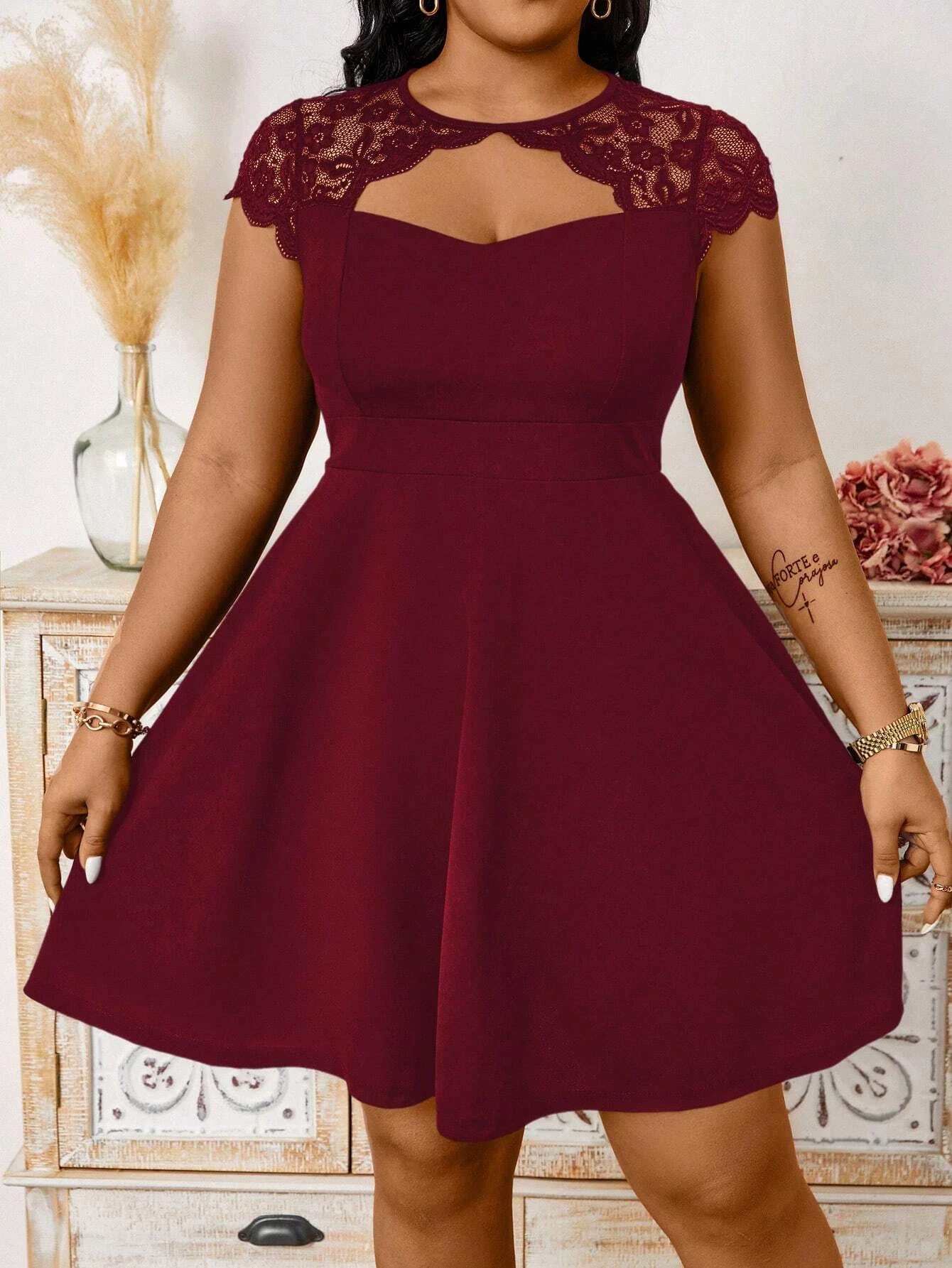 Plus Plus Size Midi Dress Women Lace Cap Sleeve Cutout Front A-line Dress High Waist Flared Dress Elegant Party Evening Dress - Aliexpress Deal