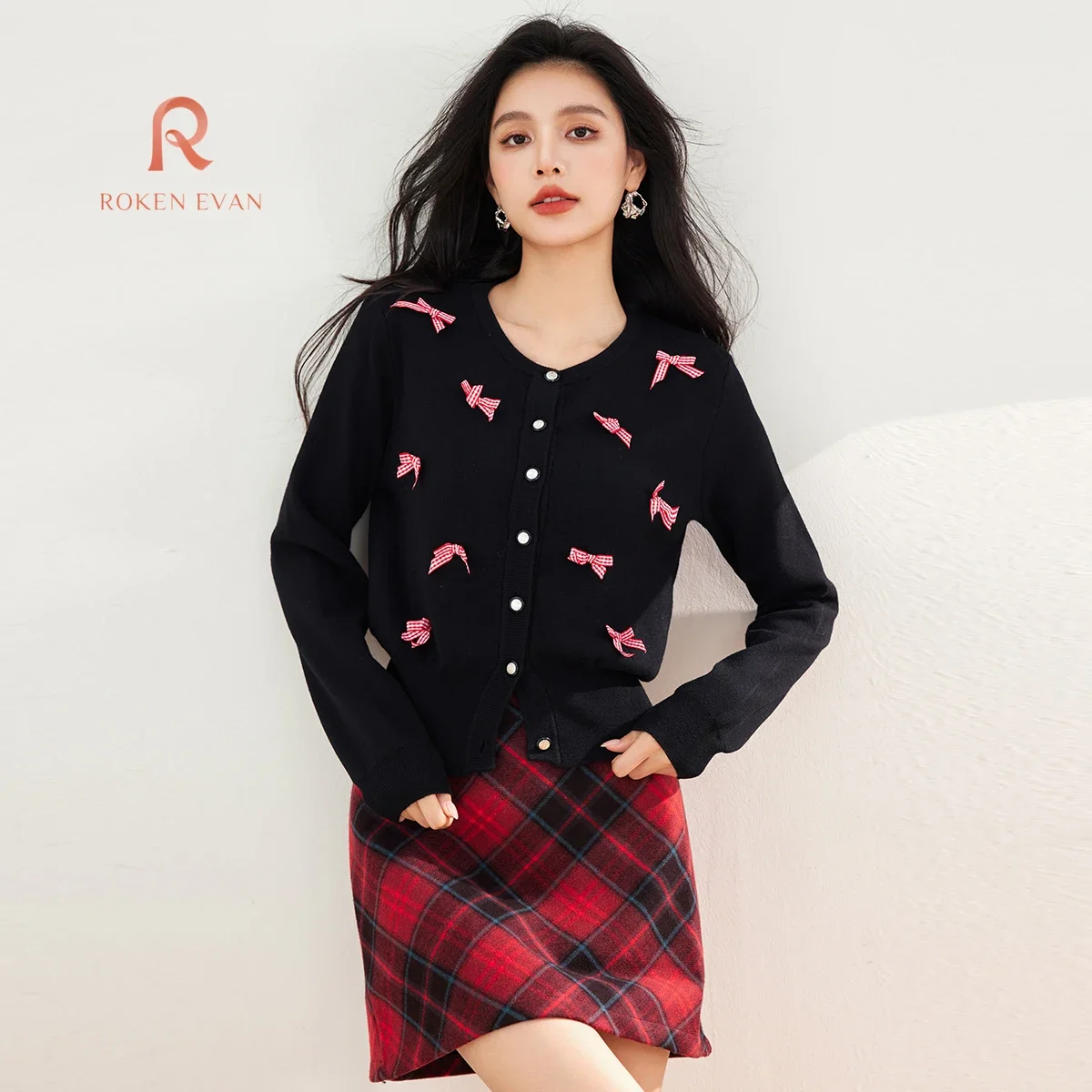 ROKEN EVAN 2024 Autumn Girly Black Cardigan Long Sleeve Bow Korean European Design Woman Pullover Outerwears Свитер Женский 니트