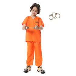 Prisoner Uniform Child  Suit Prison Convict Cosplay Halloween Costume for Kids Carnival Clothes Handcuffs Prop Disguise Costume