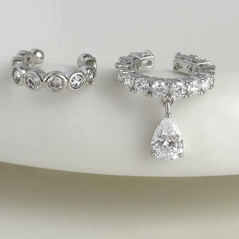 

PANJBJ 925 Sterling Silver Zircon Water Drop Ear Clip for Women 2PC Classics Tassels Accessories Jewelry Gift Dropshipping