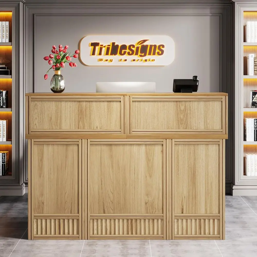 

57 Oak Desk with Counter, Modern Reception Table for Office, Retail, Lobby, and Beauty Salon