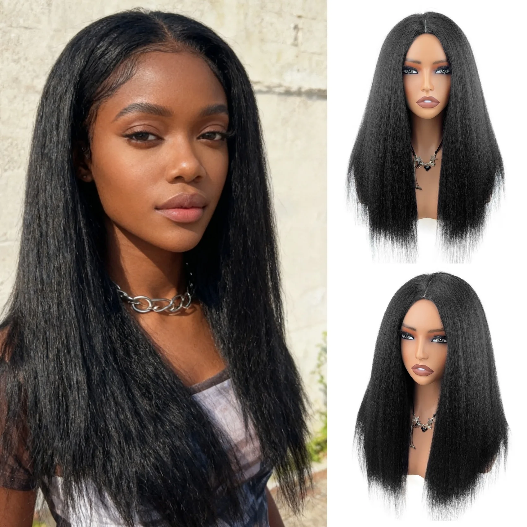 

Fluffy Black Middle Part Long Straight Wig Synthetic High Temperature Fiber Full Head Wig Cap for Women Daily Natural Fashion