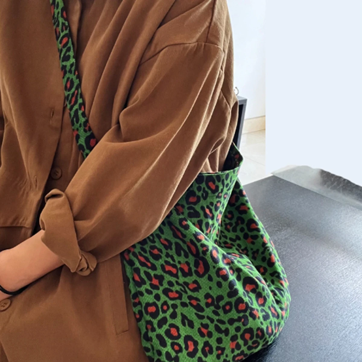 Green Leopard Corduroy Fashion Ins Style All-in-One Canvas Bag