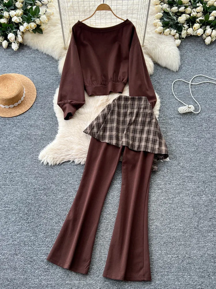 Loose Comfortable Women's Casual Set Autumn Long Sve Sweatirt Plaid Splicing High Waist Flared Pants Faionable Two-Pie...