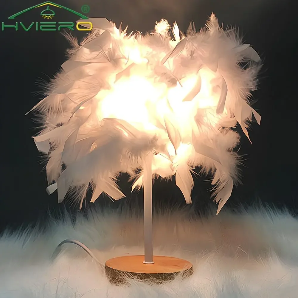 LED Warm Small Table Lamp Nordic Romantic Creative Feather Wedding Room Red Girl Bedroom Bedside Flashlight Night Reading Light