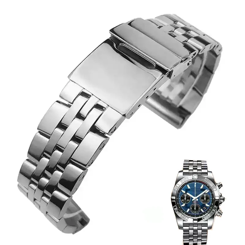 22mm 24mm High Quality Stainless Steel Watchband For Breitling Watch Strap Silver Gold Men Bracelet Push-Button Hidden Clasp