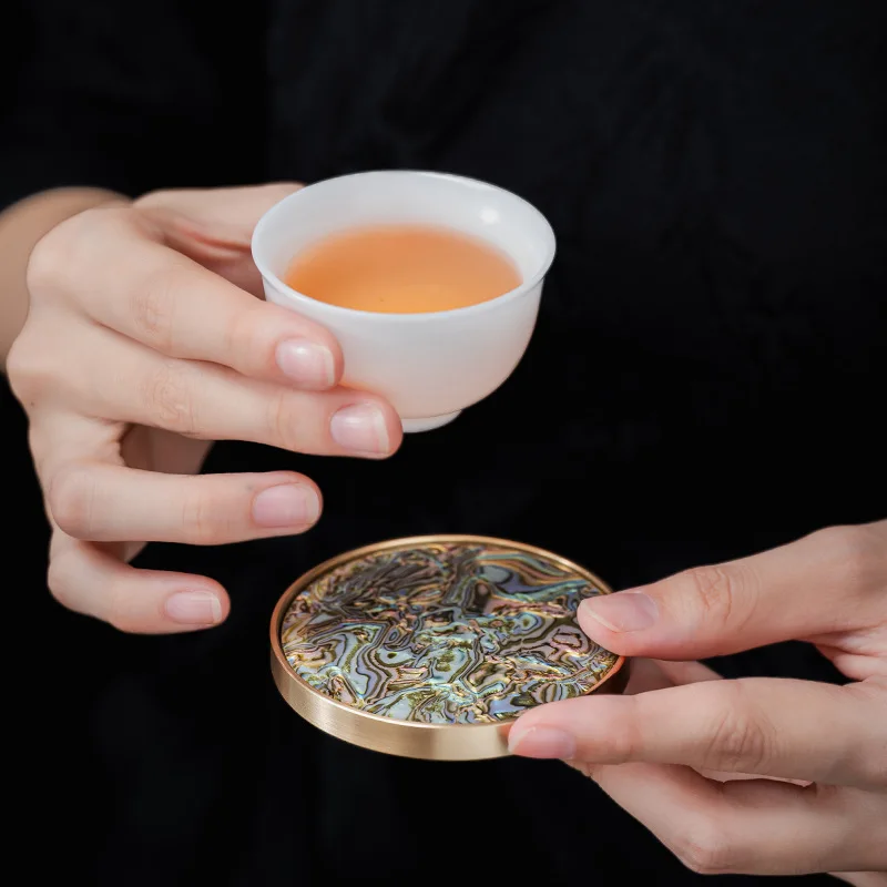 Pure copper accessible luxury tea coaster with large lacquer pattern high-end tea ceremony accessories tea saucer cup holder