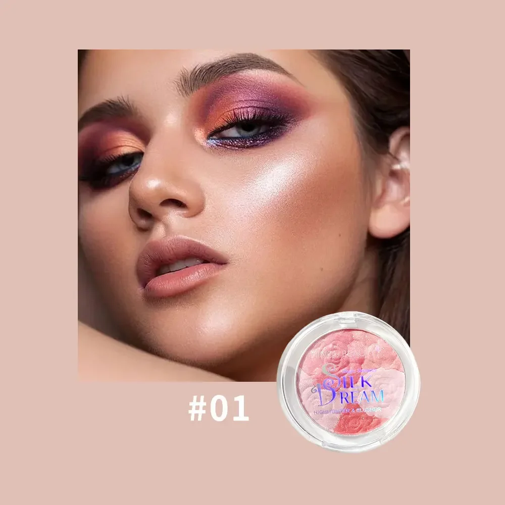 Luminous Rose Design Compact Highlighting Powder + Blush + Bronzer Ultra Fine Glitter Natural Radiance Travel Essential Makeup