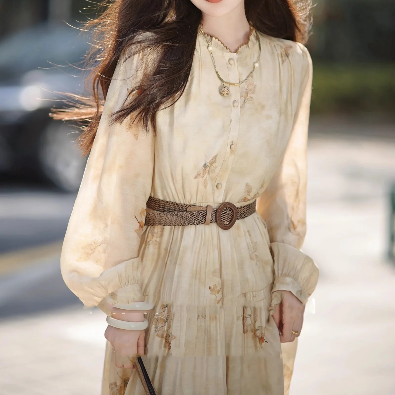 Francês elegante gola babados impresso manga longa chiffon em camadas vestido de linha a para mulher drapey flowy versátil vestido de deslocamento