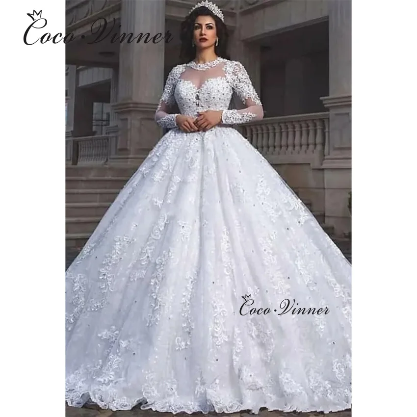 ที่กําหนดเองอาหรับคุณภาพชุดแต่งงาน 2025 แขนยาว O คอไข่มุกและคริสตัลลูกปัดลูกไม้ Appliques ชุดแต่งงาน W1359