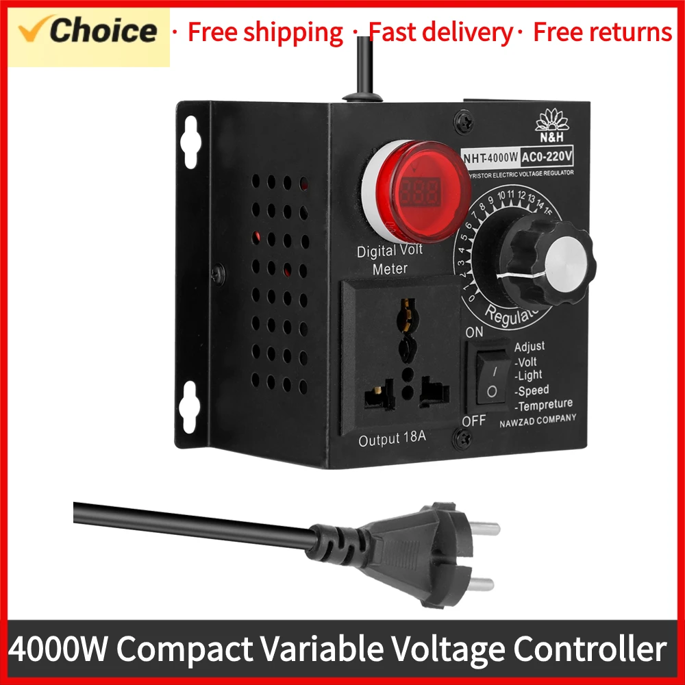 AC 220V 4000W Compact Variable Voltage Controller Portable Speed Temperature Light Voltage Adjuatable Dimmer