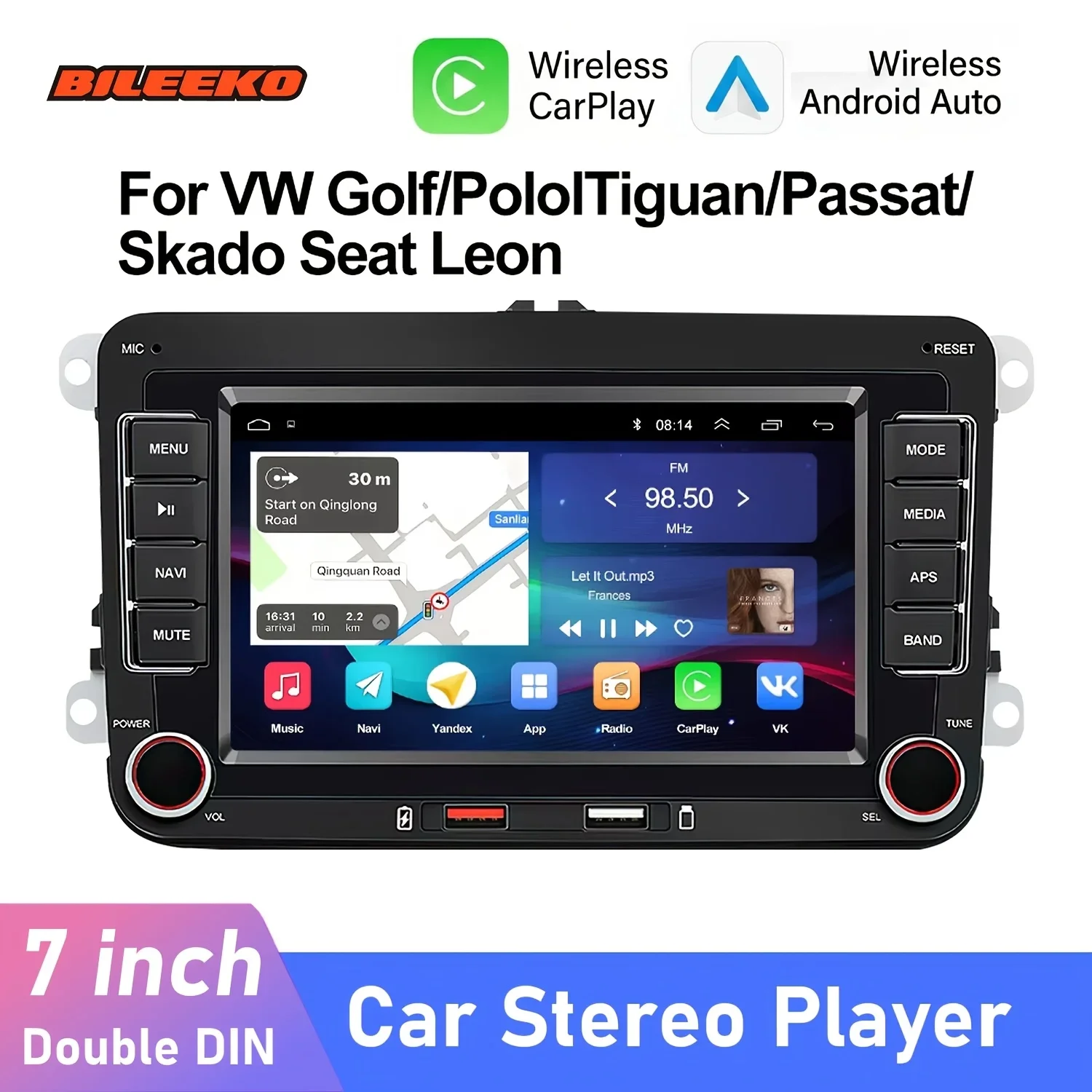 7inch Car Stereo Receiver with Wireless Carplay And Android Auto for V-W Seat Skoda Passat Golf, Capacitive Touch screen