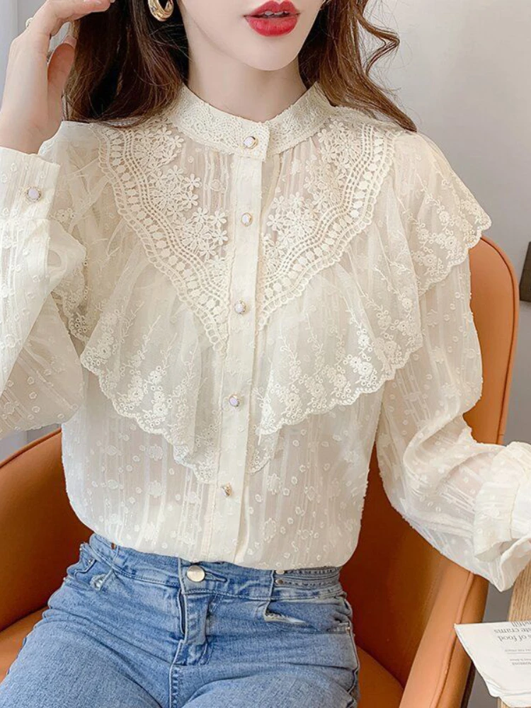 Elegant French Blouse Women Temperament Sweet Ruffles Loose Casual Tops Spring Long Sleeve Streetwear Apricot Shirts