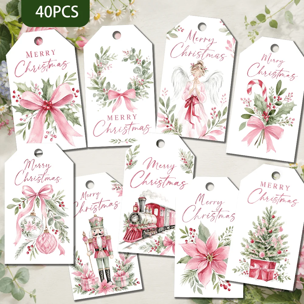 40 étiquettes décoratives de Noël roses, style girly, pour cadeaux de fêtes, décorations de fête, accents d'emballage faits main, avec corde en jute