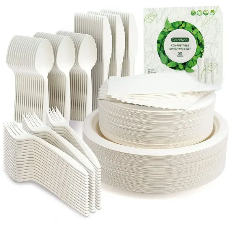 

Paper Plates Set Disposable Biodegradable Heavy Duty Large Dessert Plates Cutlery Eco-Friendly Bulk Dinner & Party Supplies