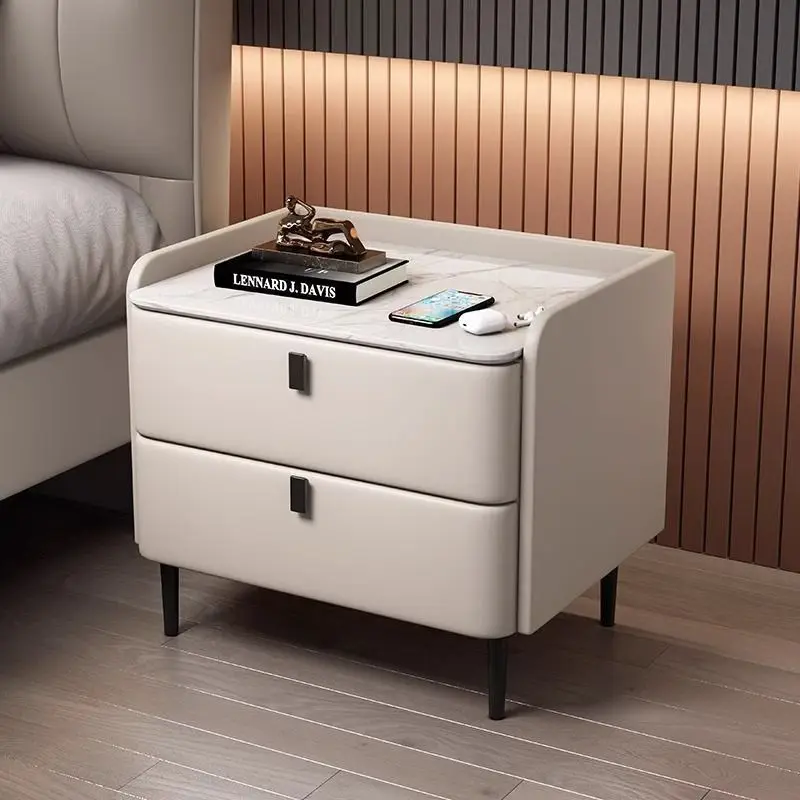 Solid Wood Nightstand with Slate Top Light Luxury Leather Storage Cabinet Modern Minimalist Bedside Drawer Home Organizer