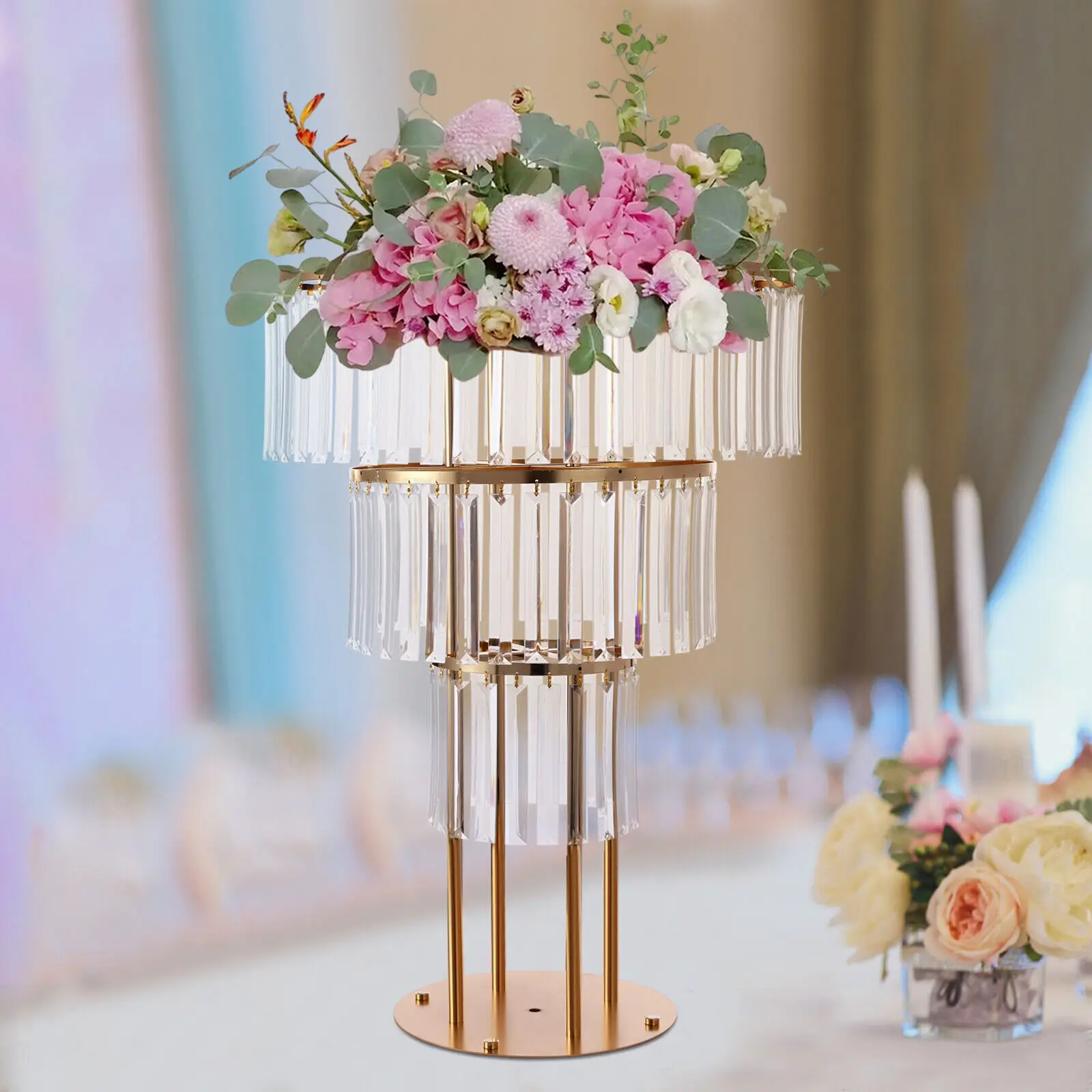 3-Tier Gold Crystal Flower Stand for Weddings Parties Crystal Flower Stands Modern Round Pedestal with Strong Load Capacity
