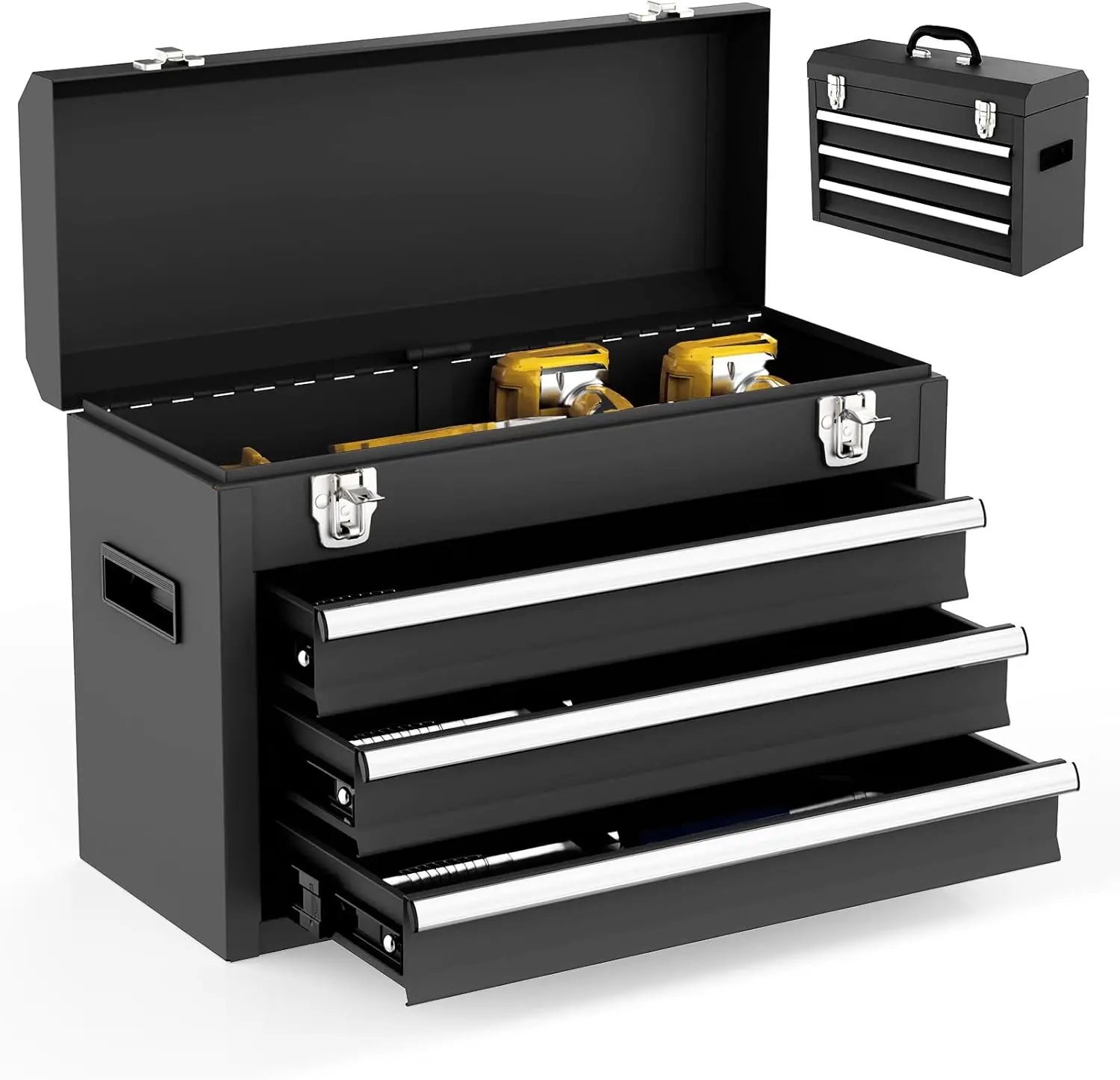 

Heavy Duty 3 Drawer Metal Tool Box with EVC Liners, Latches Closure, Ball Bearing Opening, Powder Coated Finish in Black